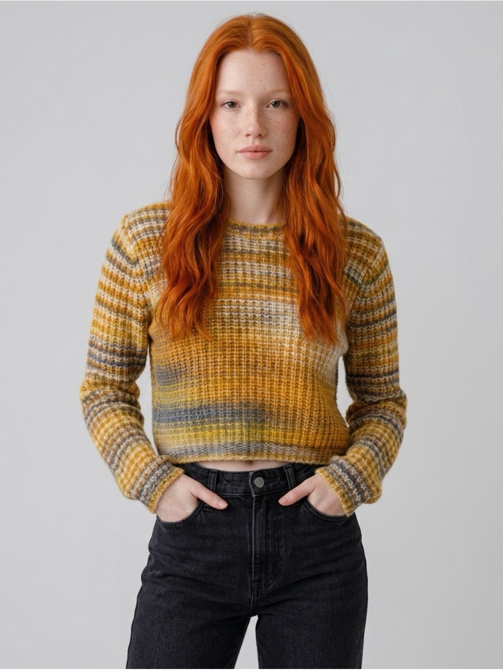 Arizona Jean Company Cropped Striped Crew Sweater - Mustard, Gray, Cream